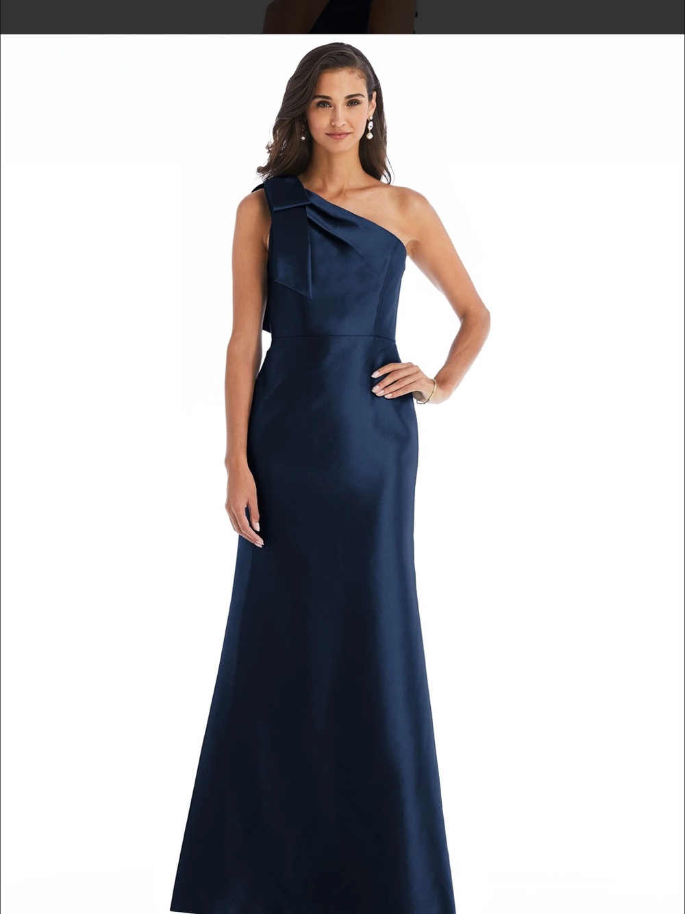 ALFRED SUNG Navy One-Shoulder Satin Gown